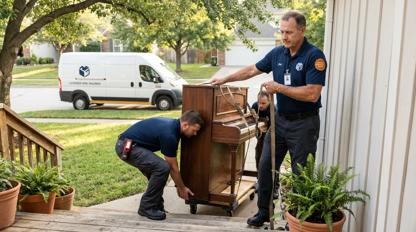 Licensed piano movers securing grand piano in Newtown, CT