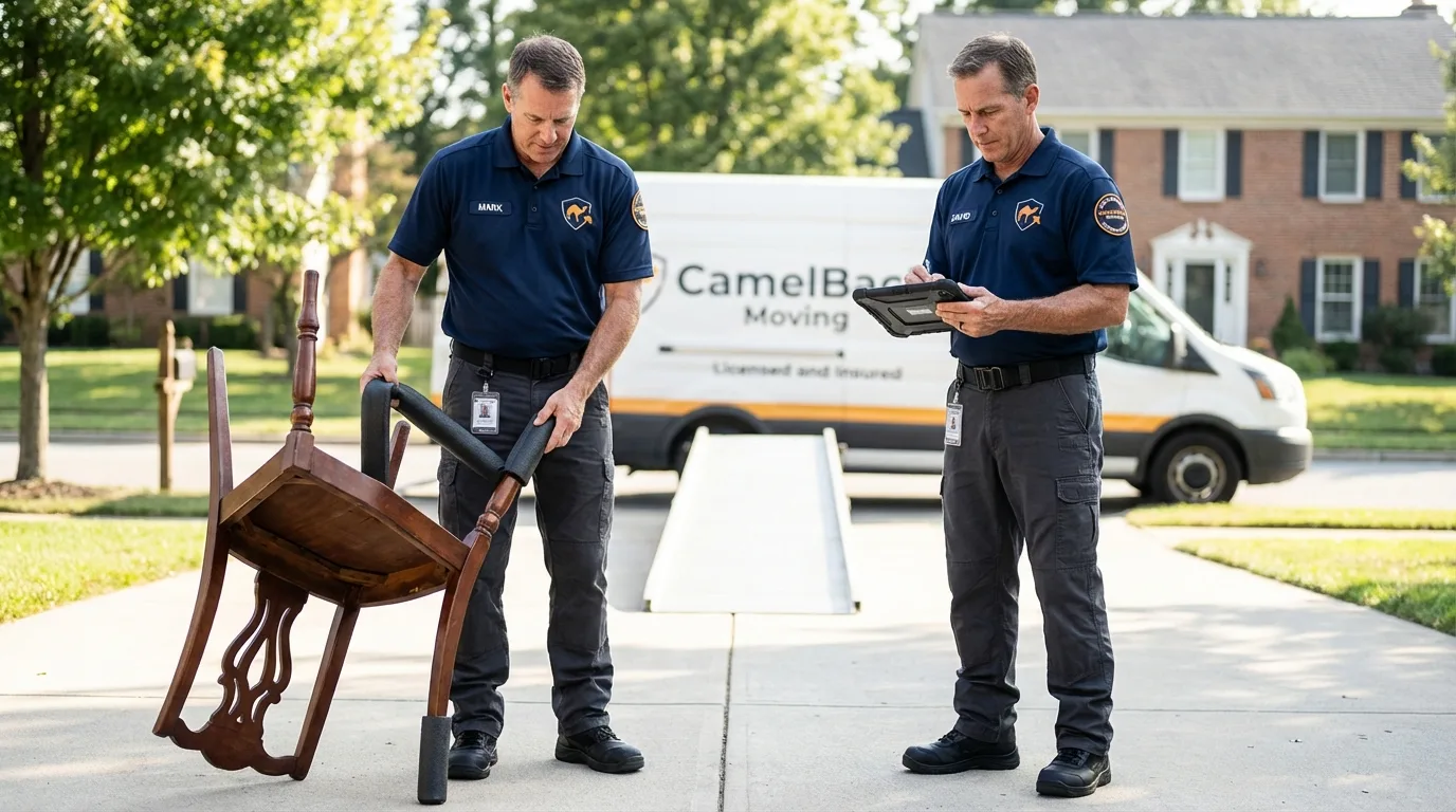 Movers inspecting furniture for damage prevention before loading in Newtown, CT