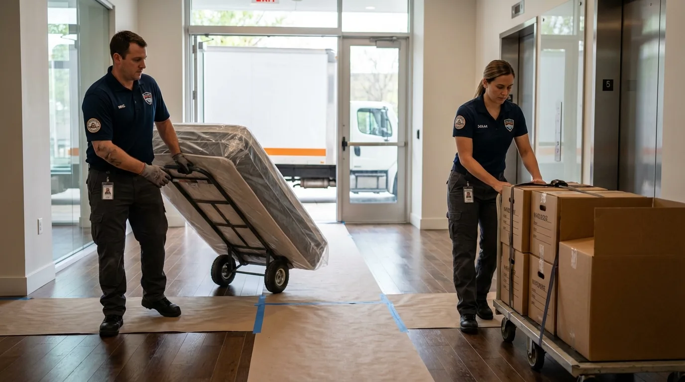 Professional apartment movers loading elevator in Newtown, CT